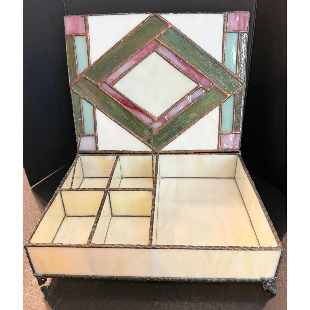 Handcrafted Large Jewelry Box Cream Green‎ Pink Stained Slag Glass Geometric
